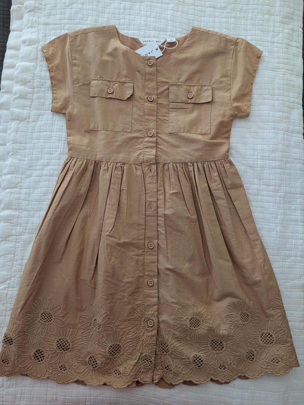 Janie and Jack Tan Button-Front Eyelet Hem Dress